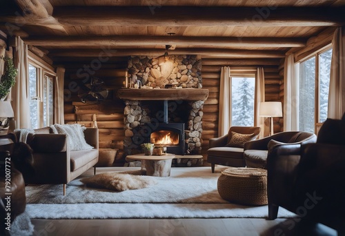 rustic cabin rugs plush ceiling snowy beams crackling nestled interior fireplace cozy vintage wooden modern fur mountains
