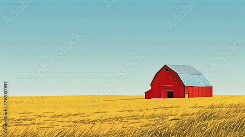 Red barn in expansive yellow wheat field under clear blue sky. Rural landscape and agriculture concept