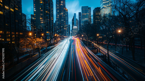 Night city traffic with light trails on urban street. Cityscape and modern life concept. Design for wallpaper, background, transportation theme photo
