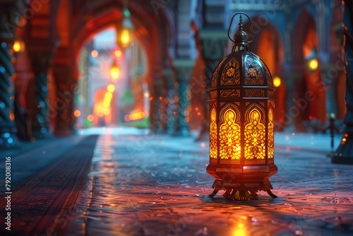 A beautiful lantern glowing in the evening light, casting an enchanting glow on its surroundings with vibrant colors of Ramadan vibes. Created with Ai