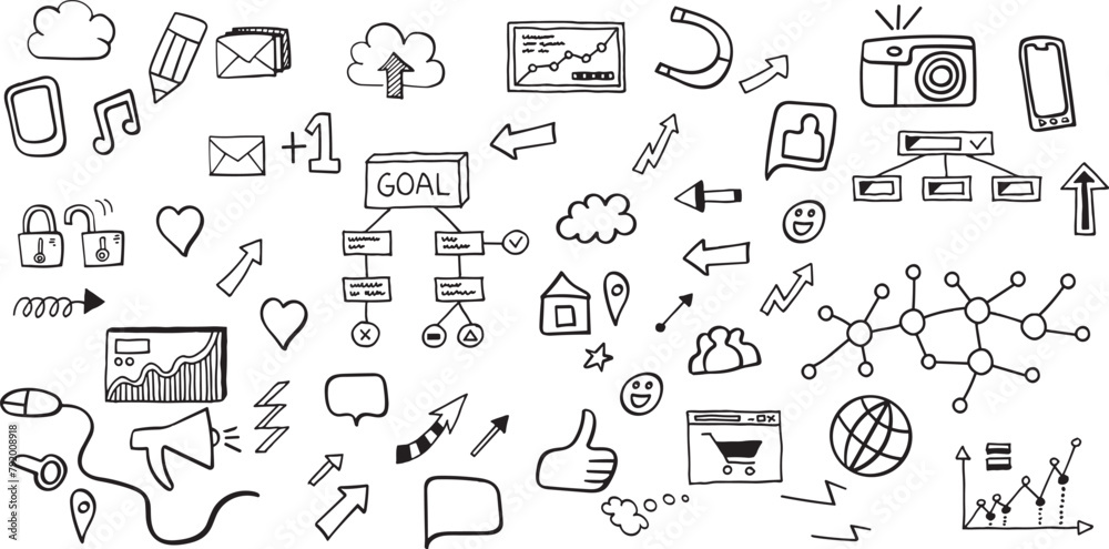 Hand draw technology sketch icon doodle set design. doodle art business hand drawn vector simple. with flowchart,