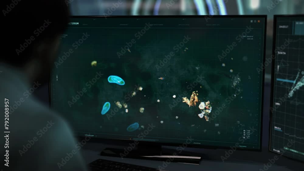 Scientific research of the bacterium is shown on the screen. Multiple ...
