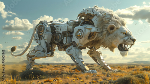 A robotic lion roars majestically on the African savannah, commanding respect from its organic counterparts © chonitcha