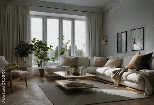 room sofa ing home landscape wooden wall window vases Scandinavian Nordic living large White interior floor photo