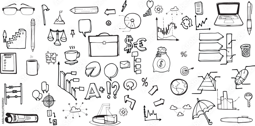 Hand draw technology sketch icon doodle set design. doodle art business hand drawn vector simple. with flowchart,