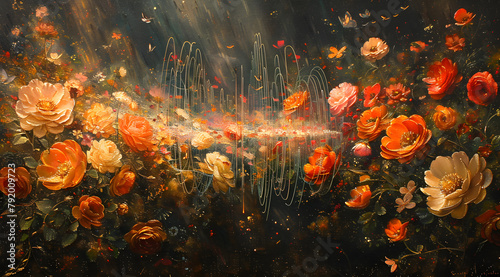 Harmonic Explosion: Oil Painting Captures Burst of Flowers and Butterflies Amidst Sound Waves