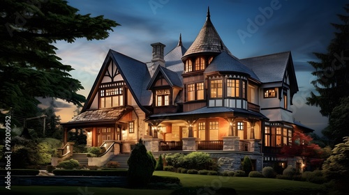 3d rendering of modern cozy chalet in night time.