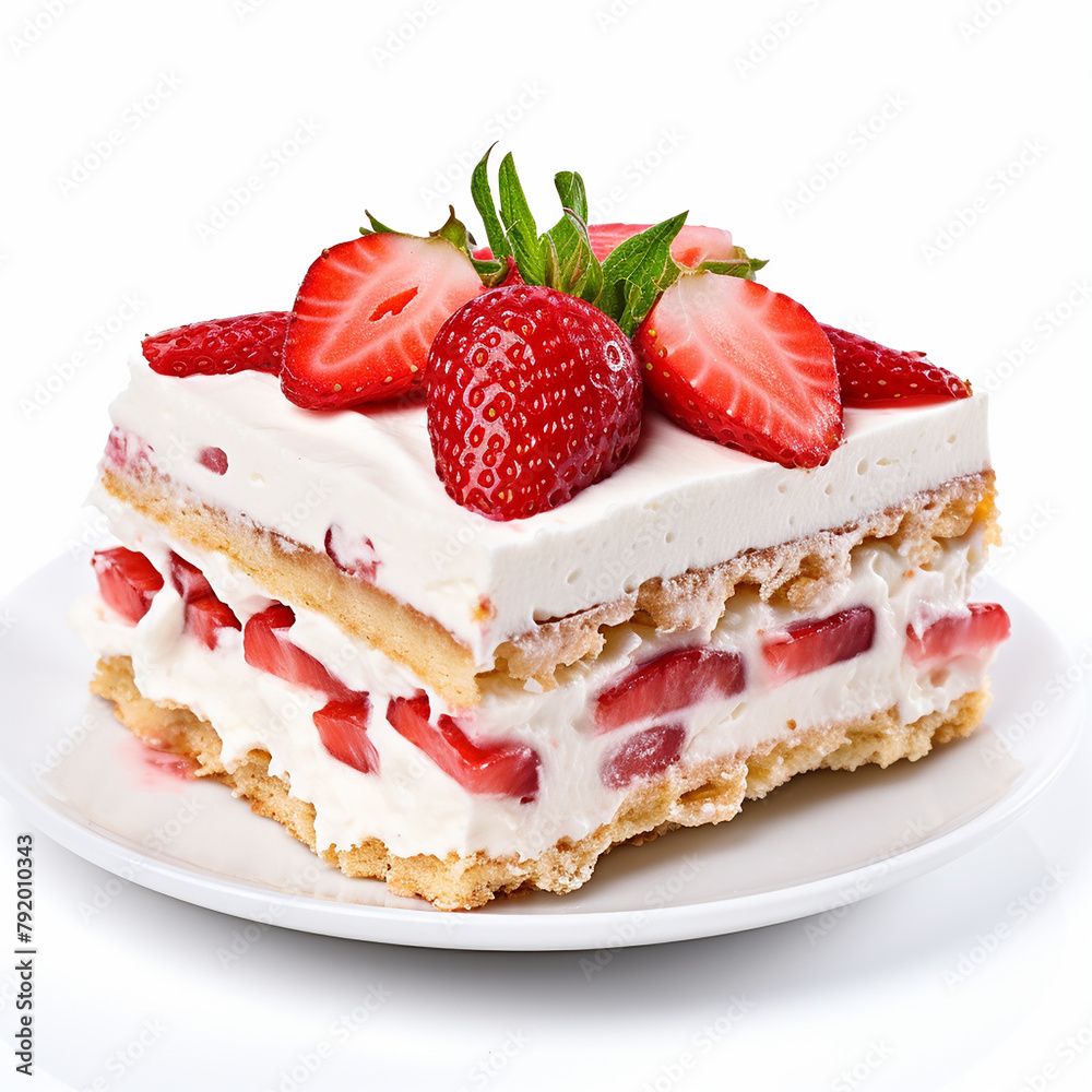 A slice of strawberry cake on a white plate. A slice of strawberry cake on a white plate.