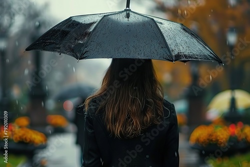 Solitary Woman Holding Umbrella, Mourning in Rain at a Funeral, Surrounded by Graves and Life’s Vibrant Colors. © photobuay