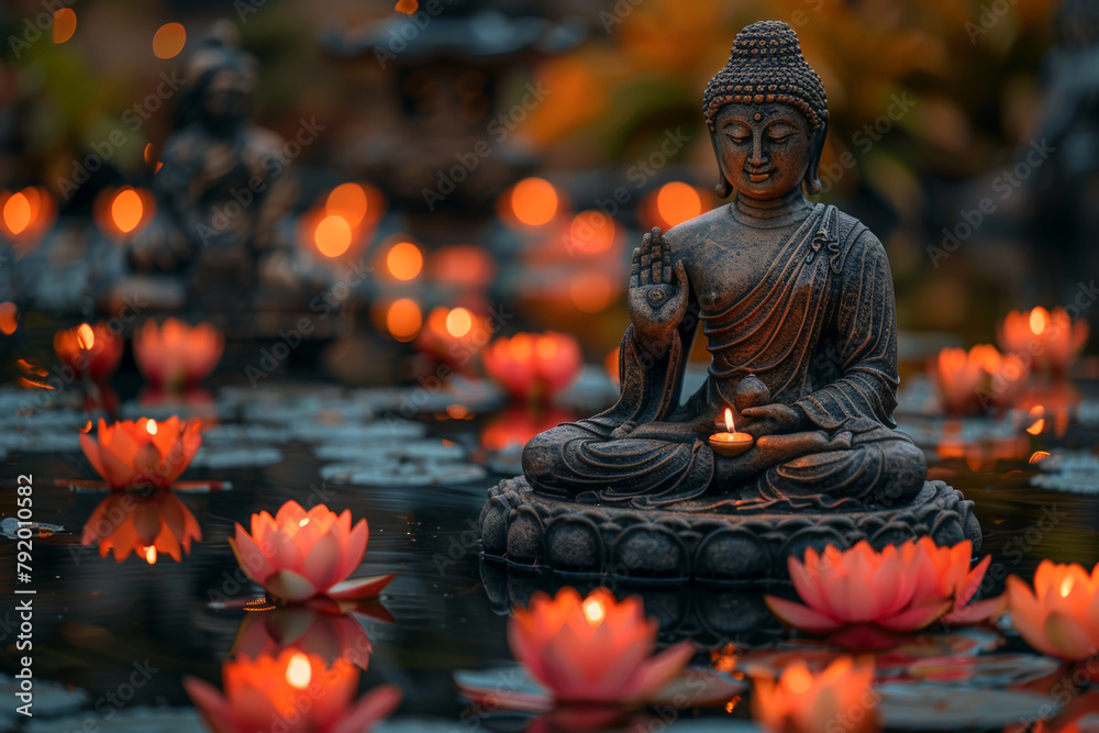 Buddha statue with candle among floating lotus flowers, symbolizes tranquility. Vesak Day greeting card.