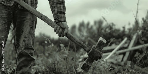 Man holding hammer in field