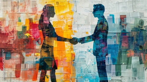 Marketing communication concept. Silhouette of business persons shaking hands. Business people handshake in colorful newspaper scraps style. photo