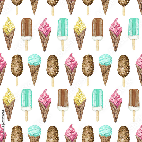 Seamless pattern with multicolor ice cream in chocolate waffle cone and on stick isolated on white background. Watercolor hand drawn illustration