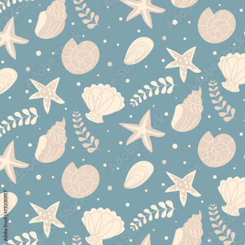 A pattern on a maritime theme. Painted shells, starfish in the doodle style.