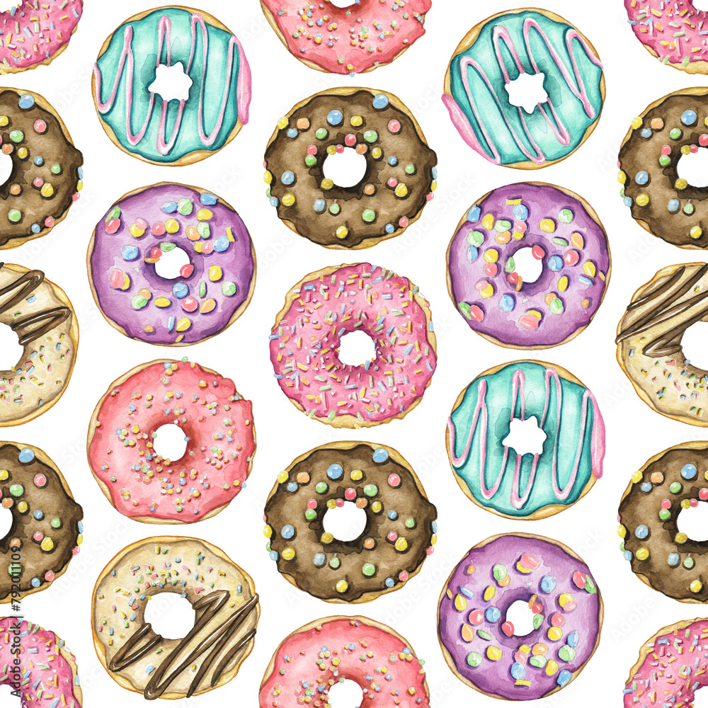 Seamless pattern with various multicolor round donuts with glaze and colorful topping isolated on white background. Watercolor hand drawn illustration Seamless pattern with various multicolor round donuts with glaze and colorful topping isolated on white background. Watercolor hand drawn illustration