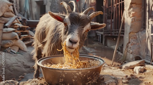 a goat eating spagatti from a large metal bowl in an Iraqi neighborhood, Eid ul Adha