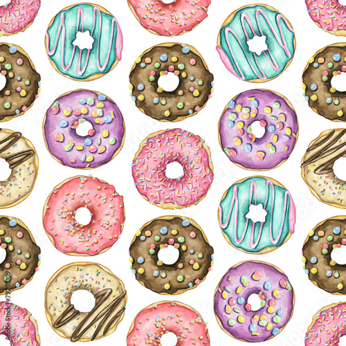 Seamless pattern with various multicolor round donuts with glaze and colorful topping isolated on white background. Watercolor hand drawn illustration
