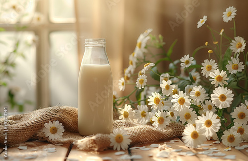 Bottle of Milk Next to Bunch of Daisies. The light brown wooden tabletop has a burlap cloth underneath. photo