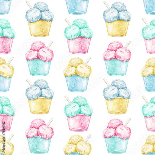 Seamless pattern with various multicolor ice cream in cup with spoon isolated on white background. Watercolor hand drawn illustration