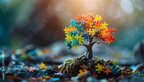World Autism Awareness Day concept with a colorful puzzle tree representing support and understanding for individuals with autism. Suitable for mental health care, advocacy, and community events. © ELmidoi-AI