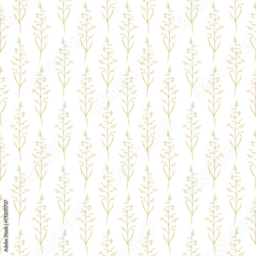 Seamless pattern with vintage graceful dry herbs herbarium isolated on white background. Watercolor hand drawn illustration