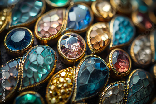 Close-up of an exquisite collection of vintage brooches with diverse gemstones. Elegant jewelry and design diversity