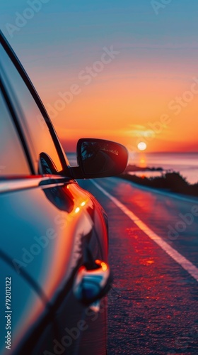 ecofriendly car technology, smooth drive, sunset colors, ocean horizon, modern design, energyefficient transportation © peeradol