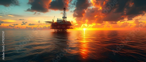 Oil rig and tanker in ocean at sunset. Concept Oil Rig, Tanker, Ocean, Sunset, Industrial Landscape