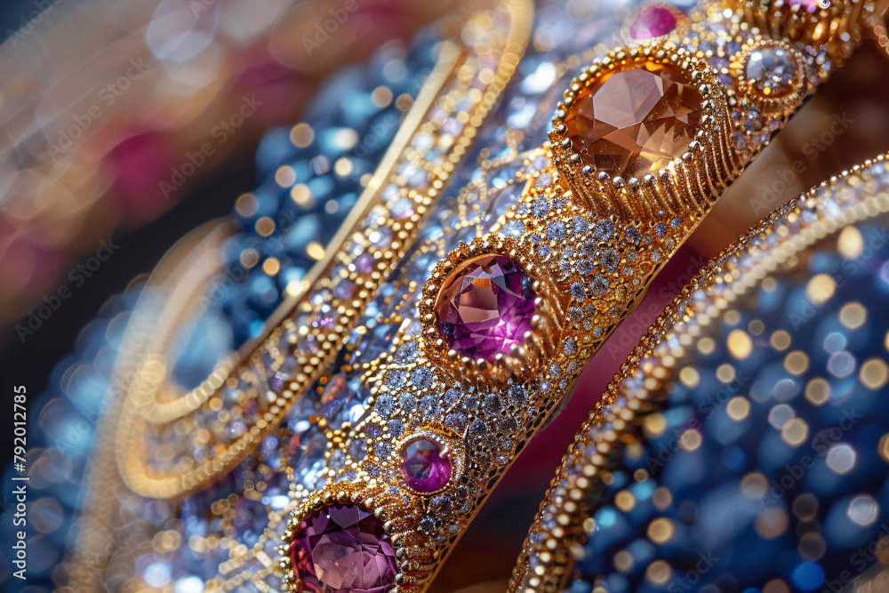 Obraz premium Macro shot of golden jewelry with pink gemstones and sparkling accents. Luxury fashion accessories concept. Design for textile and print inspiration. High-detail jewelry composition