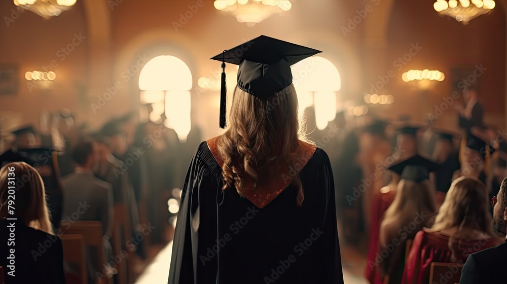 Naklejka premium A graduate of a university, college or school receives his or her degree at a graduation ceremony. A crowd of students. Illustration for cover, card, interior design, poster, brochure or presentation.