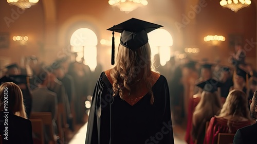 A graduate of a university, college or school receives his or her degree at a graduation ceremony. A crowd of students. Illustration for cover, card, interior design, poster, brochure or presentation. © Login