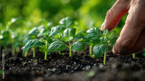 A gardener's hand gently nurturing young green sprouts in fertile soil, symbolizing care and growth in gardening.