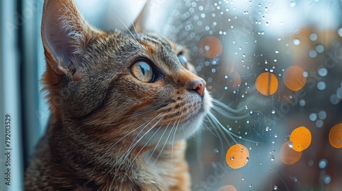 A cat is sitting by the window, looking outside at the rain.