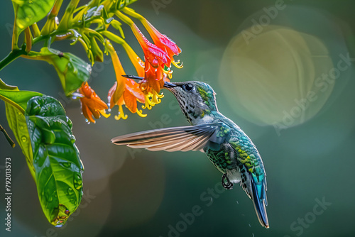 Close-up of a hummingbird in flight by orange trumpet flowers. Wildlife and botany concept. Design for nature posters and environmental education. Vivid natural scene photo