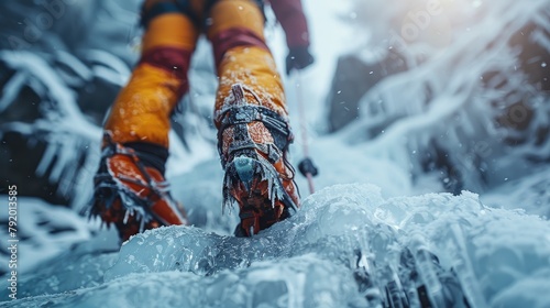 A close up of a mountaineer's crampons on ice.