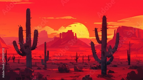 The red desert sands stretch as far as the eye can see adorned with the iconic cacti that thrive in this barren landscape And as the sun dips low on the horizon casting a crimson hue over t photo