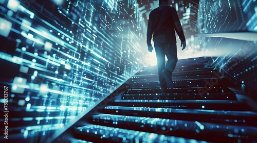 Man Walking Up A Flight Of Stairs Into The Digital Matrix Of Information Technology (Generative AI)