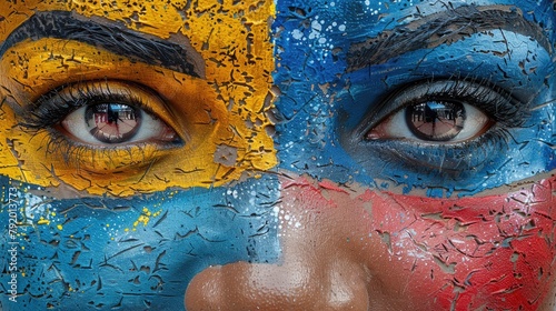 A close up of a woman's face painted with the colors of the Colombian flag photo