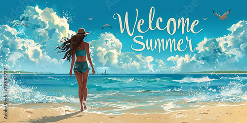 Young girl in bikini on tropical beach, with "Welcome Summer" inscription against the blue sky. Bright illustration of summer theme.