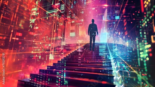 Man Walking Up A Flight Of Stairs Into The Digital Matrix Of Information Technology (Generative AI)