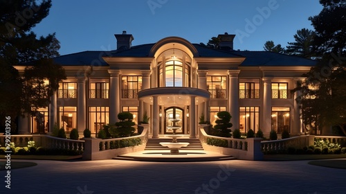 3D rendering of a beautiful mansion at night with a garden.