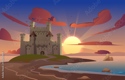 Sunrise or sunset landscape of medieval kingdom vector illustration, road to castle on the river shore, stone palace