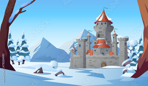 Winter landscape of kingdom in the forest vector, vintage castle with mountains and snowdrifts, medieval stone palace