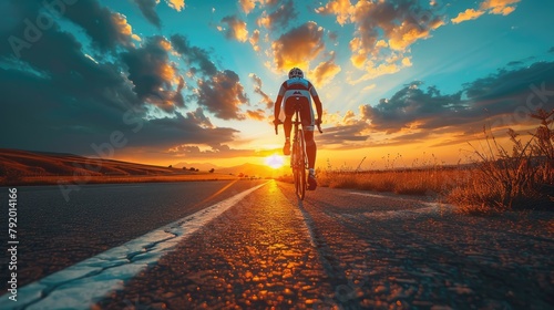 A cyclist is riding on an open road towards the sunset. © Vilaysack