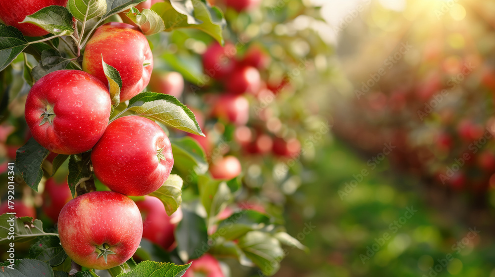 Bright red ripe apples on a tree branch in a summer garden Bright red ripe apples on a tree branch in a summer garden