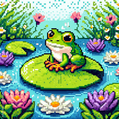 Pixel art illustration of cute frog in a waterlily pond