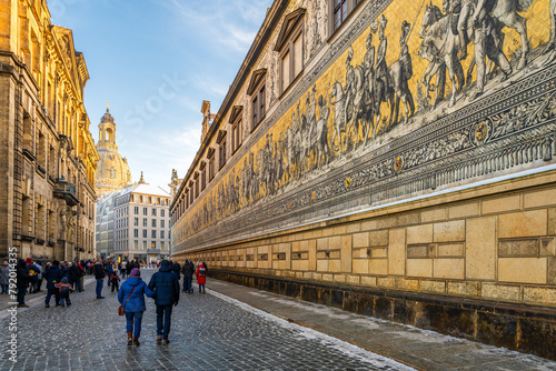 The Furstenzug (English: Procession of Princes) early in the morning in Dresden, Germany, is a large mural of a mounted procession of the rulers of Saxony. photo