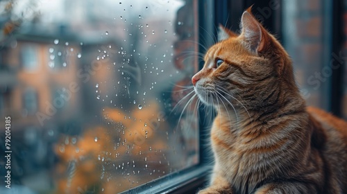 A ginger cat is sitting by the window, looking out at the rain. photo