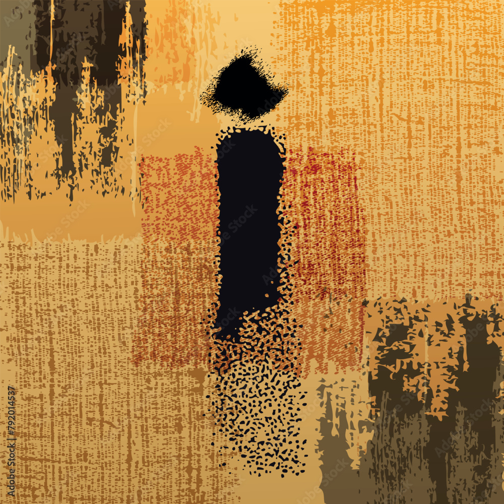 Affiche artistique abstraite avec un « i » au centre sur un fond à la texture, or, cuivre et noire donnant à l’image un style vieux tableau.