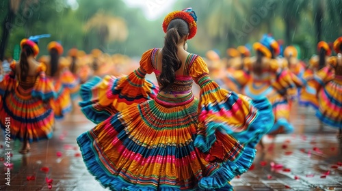 A group of dancers in colorful traditional dresses perform a traditional dance during a festival. photo